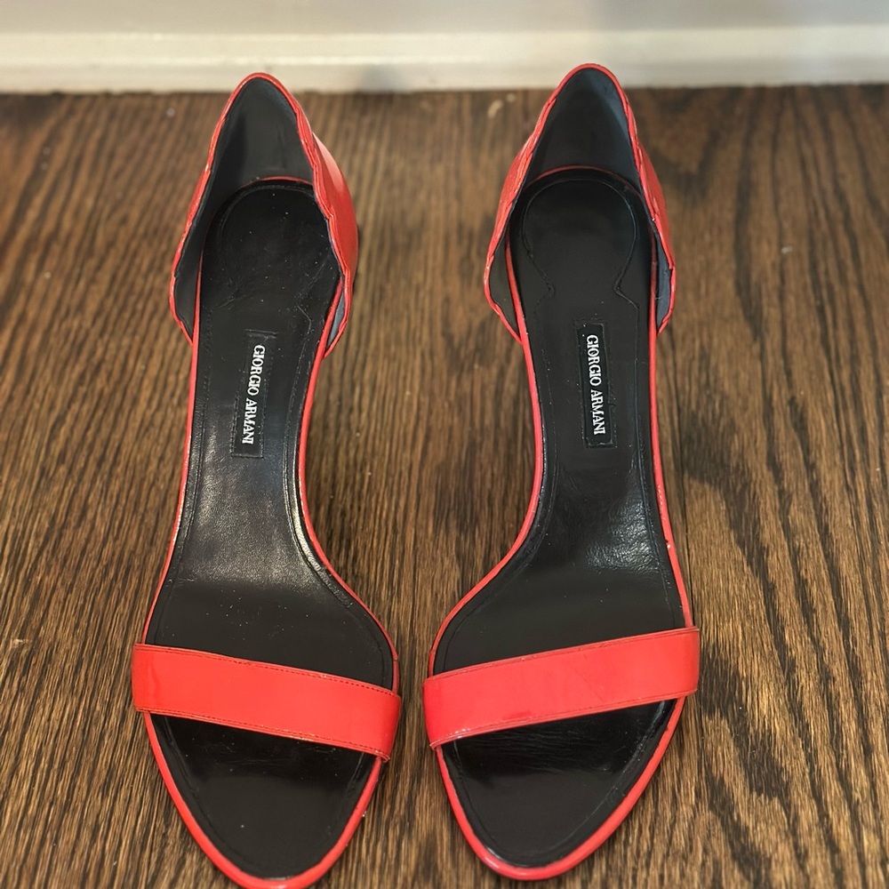 Giorgio Armani red high heeled sandals. Never been worn